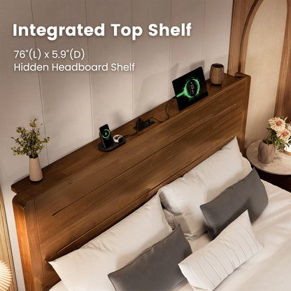 Sorel Japandi Solid Wood Platform Bed with Charging