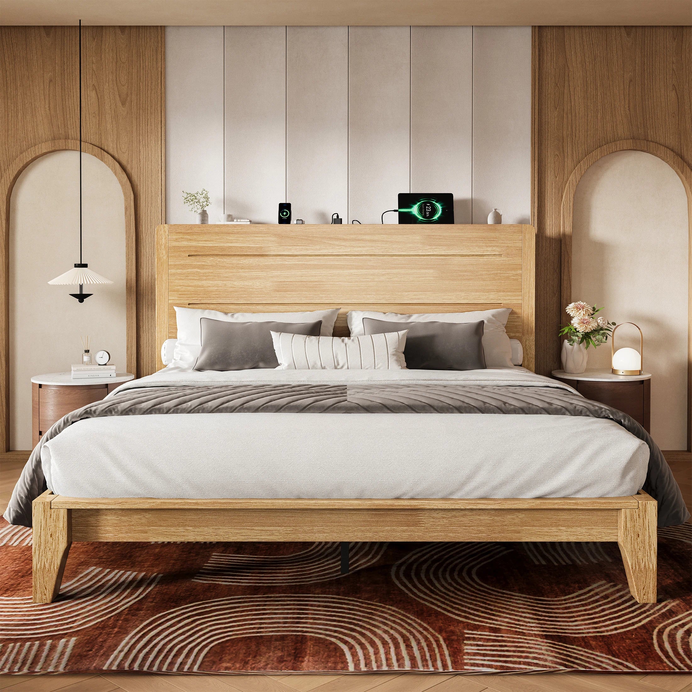 Sorel Japandi Solid Wood Platform Bed with Charging