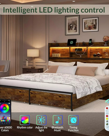 Strato Wood Bed Frame Storage Headboard with Charging Station and 6 Drawers