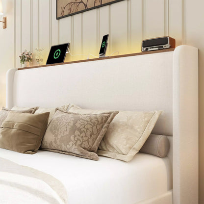 Arc Tall Headbaord Linen Upholstered Platform Bed Frame with LED Lights & Charging Station