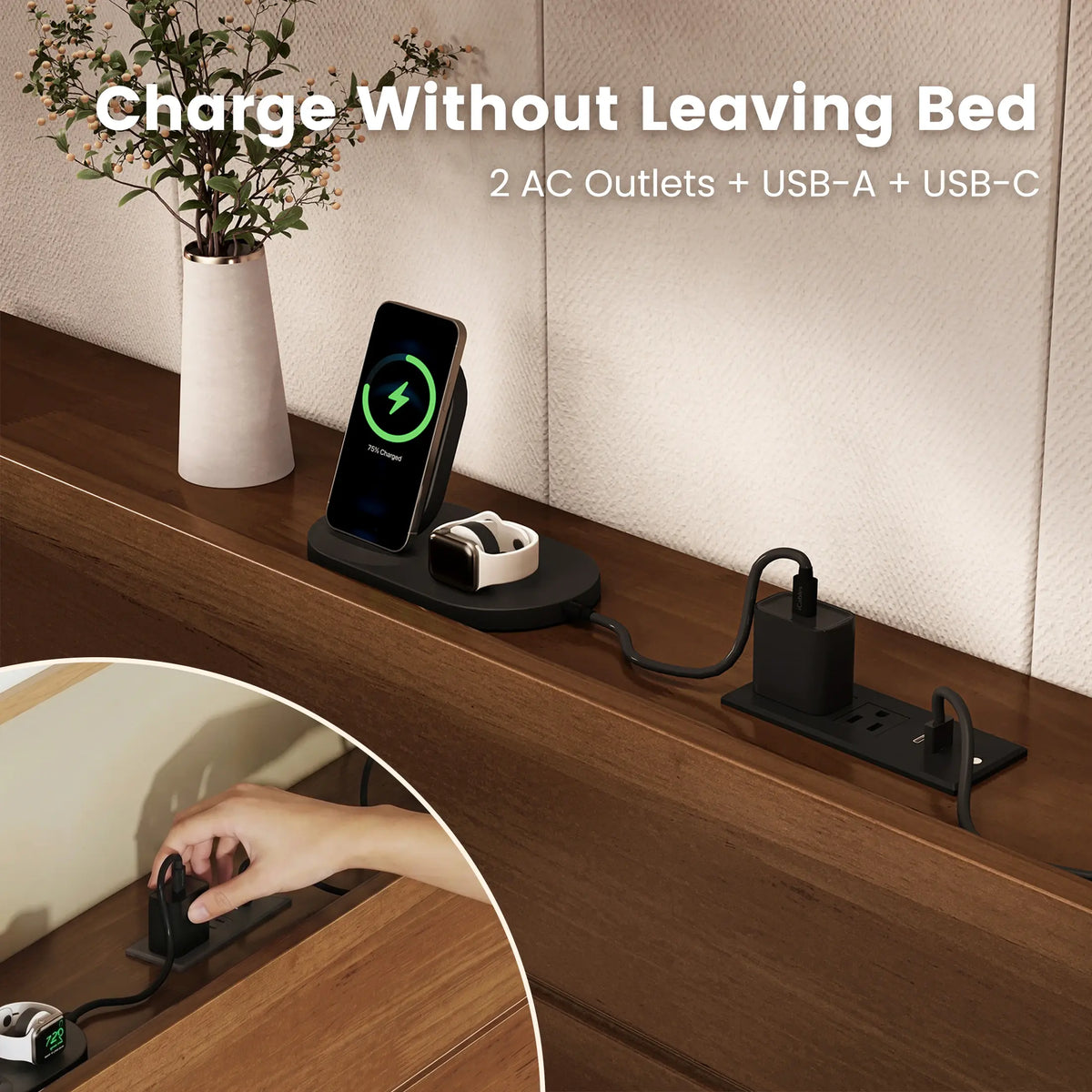 Sorel Japandi Solid Wood Platform Bed with Charging