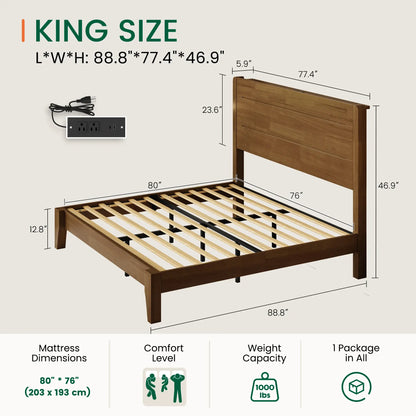 Sorel Japandi Solid Wood Platform Bed with Charging