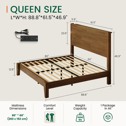 Sorel Japandi Solid Wood Platform Bed with Charging