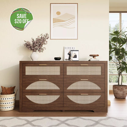 Arched Boho Rattan 6 Drawer Dressers-Walnet / Oak