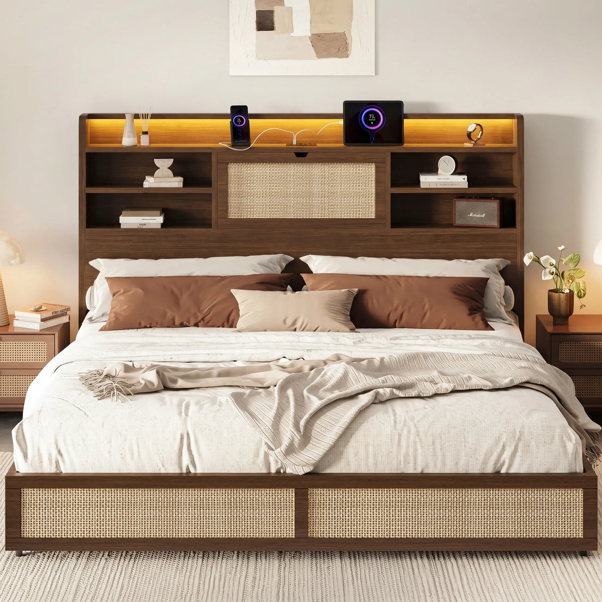 Boho Rattan Storage Bookcase Bed Frame