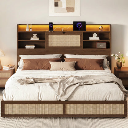 Boho Rattan Storage Bookcase Bed Frame