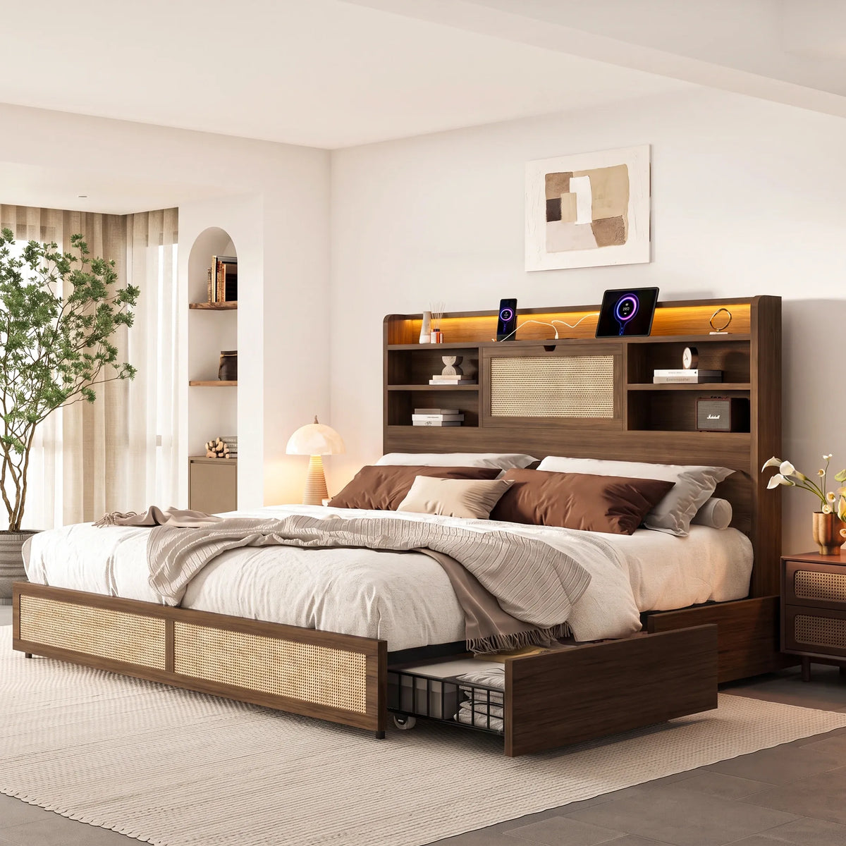 Boho Rattan Storage Bookcase Bed Frame