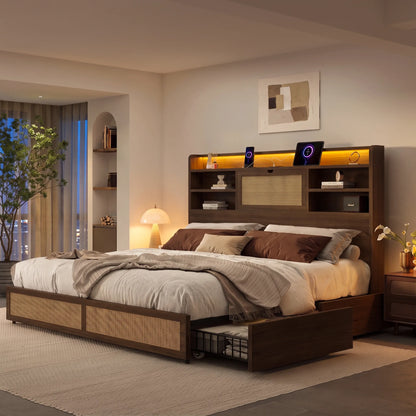 Boho Rattan Storage Bookcase Bed Frame