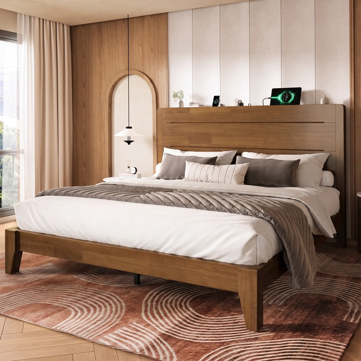 Sorel Japandi Solid Wood Platform Bed with Charging