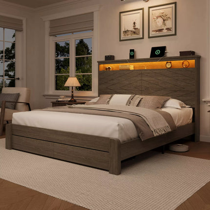 Arlo Farmhouse Wood Bed Frame, 52" Tall Headboard with Led Lights,Charging Station and 2 Drawers