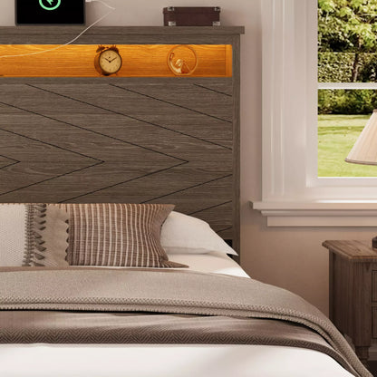 Arlo Farmhouse Wood Bed Frame, 52" Tall Headboard with Led Lights,Charging Station and 2 Drawers