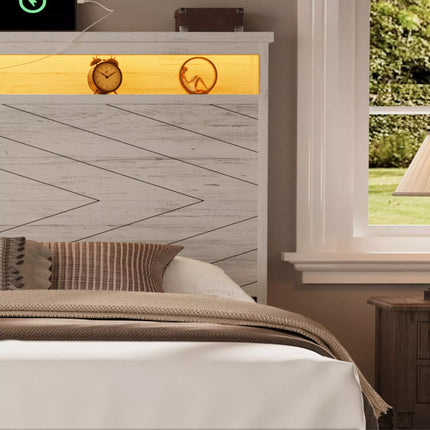 Arlo Farmhouse Wood Bed Frame, 52" Tall Headboard with Led Lights,Charging Station and 2 Drawers