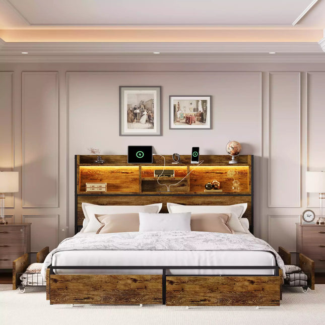 Strato Wood Bed Frame Storage Headboard with Charging Station and 6 Drawers