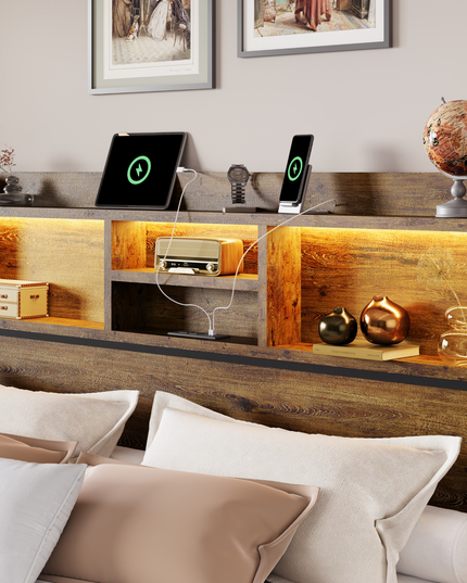Strato Wood Bed Frame Storage Headboard with Charging Station and 6 Drawers