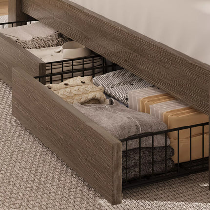Arlo Farmhouse Wood Bed Frame, 52" Tall Headboard with Led Lights,Charging Station and 2 Drawers