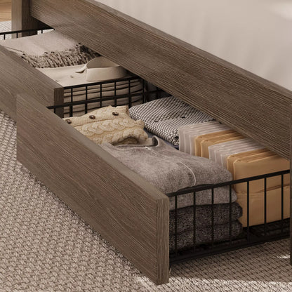 Arlo Farmhouse Wood Bed Frame, 52" Tall Headboard with Led Lights,Charging Station and 2 Drawers