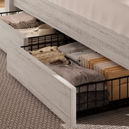 Arlo Farmhouse Wood Bed Frame, 52" Tall Headboard with Led Lights,Charging Station and 2 Drawers