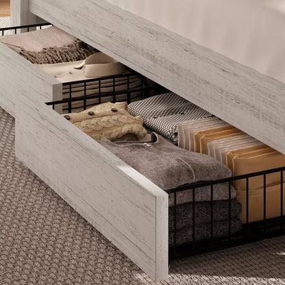 Arlo Farmhouse Wood Bed Frame, 52" Tall Headboard with Led Lights,Charging Station and 2 Drawers