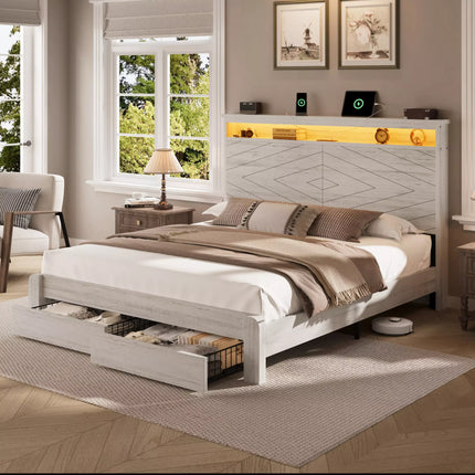 Arlo Farmhouse Wood Bed Frame, 52" Tall Headboard with Led Lights,Charging Station and 2 Drawers