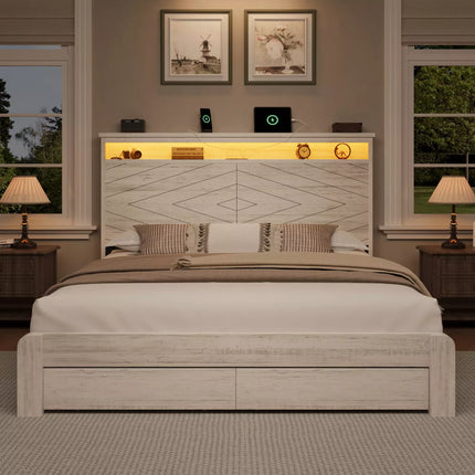 Arlo Farmhouse Wood Bed Frame, 52" Tall Headboard with Led Lights,Charging Station and 2 Drawers