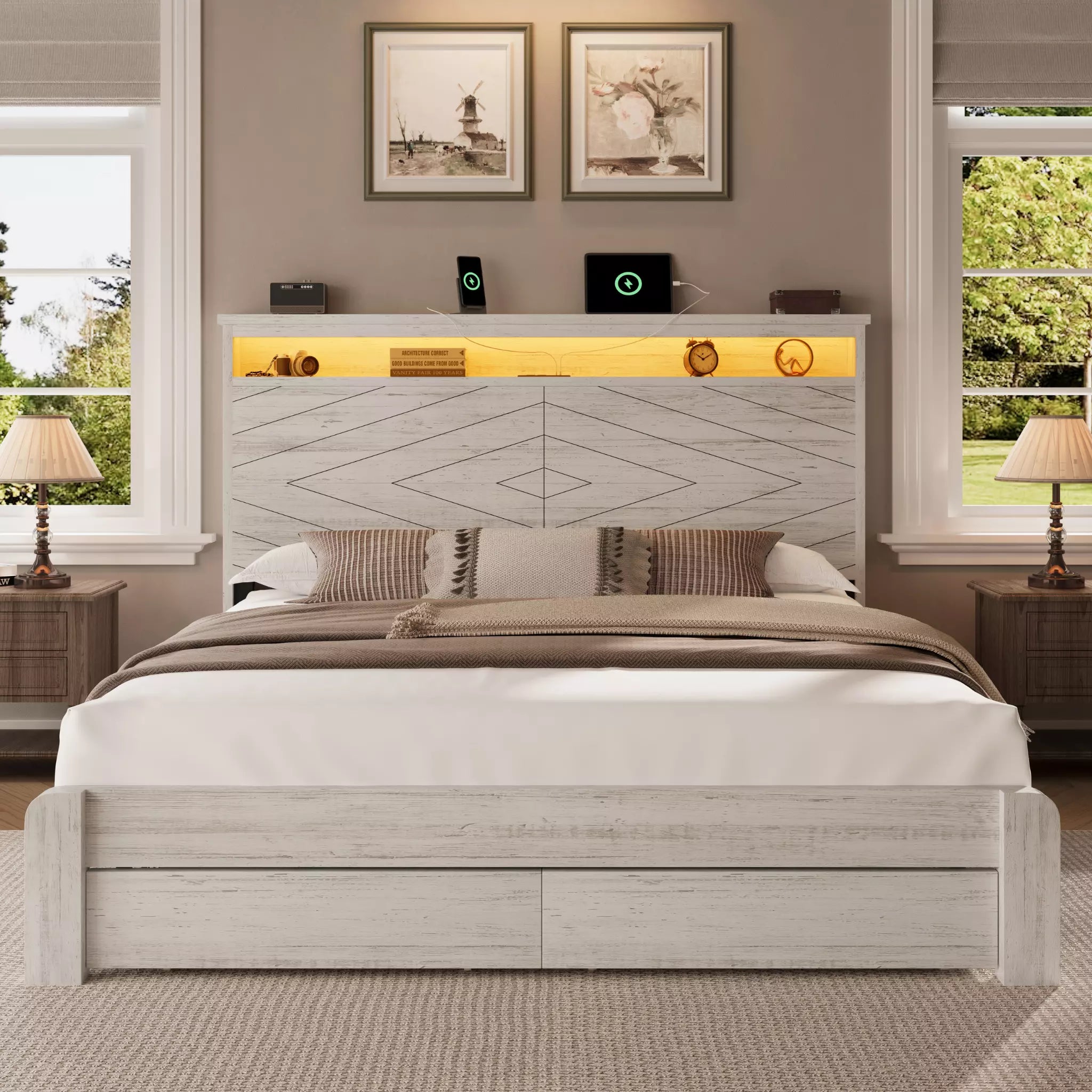 Arlo Farmhouse Wood Bed Frame, 52" Tall Headboard with Led Lights,Charging Station and 2 Drawers
