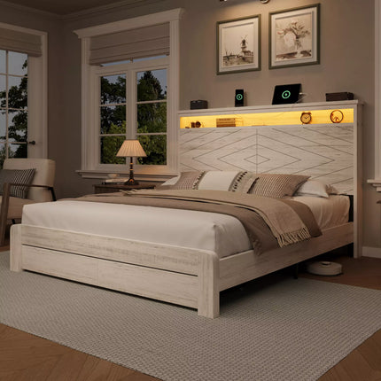 Arlo Farmhouse Wood Bed Frame, 52" Tall Headboard with Led Lights,Charging Station and 2 Drawers