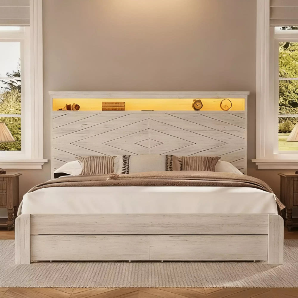 Bedroom with a wooden bed and headboard featuring geometric patterns and lights.