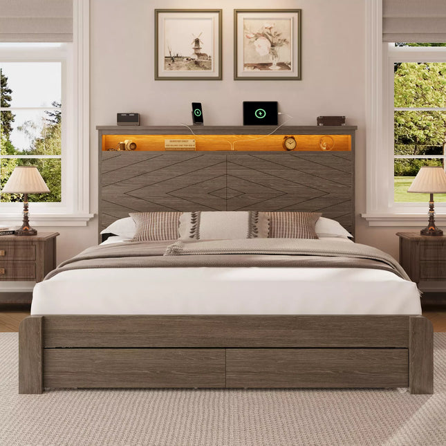 Arlo Carved  Wood Bed Frame, 52" Tall Headboard with Charging Station and 2 Drawers