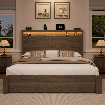 Arlo Farmhouse Wood Bed Frame, 52" Tall Headboard with Led Lights,Charging Station and 2 Drawers