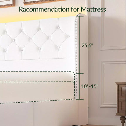 Koral Queen Size Upholstered Bed Frame with Storage Drawers,Tufted Wingback Headboard,Led Lights
