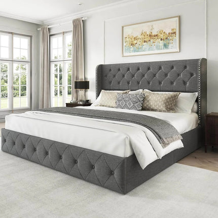 Koral Upholstered King Size Bed Frame with Storage Drawers,Tufted Wingback Headboard Light Grey