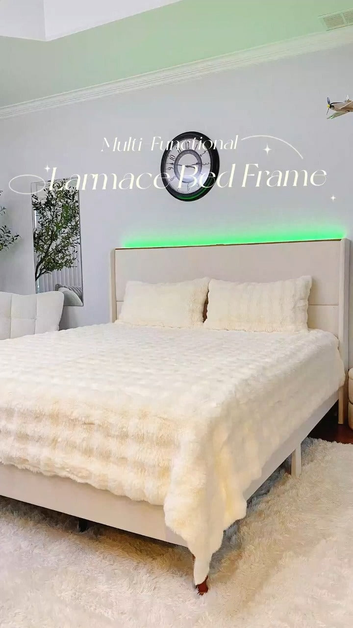 Bedroom with a bed featuring a textured white comforter, light green walls, and a decorative wall clock.