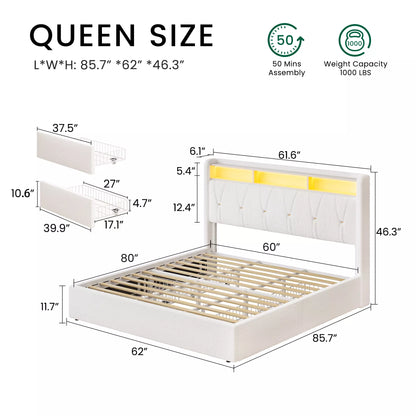 Covae Boucle Bed Frame with Storage Headboard,LED Lights,Charging ports and Underbed Drawers