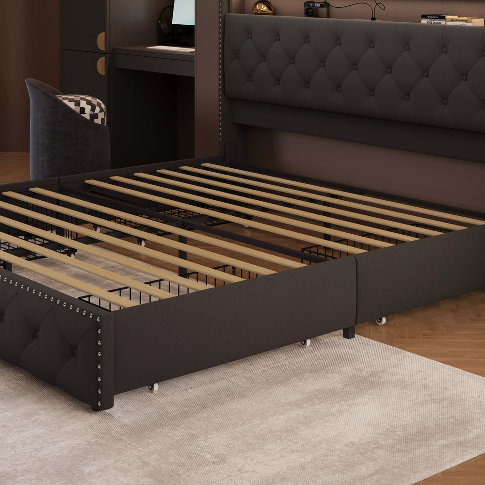Dark brown upholstered bed with wooden slats in a room setting.