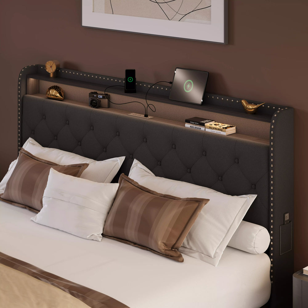 Bedroom setup with a tufted headboard, pillows, and decorative items.
