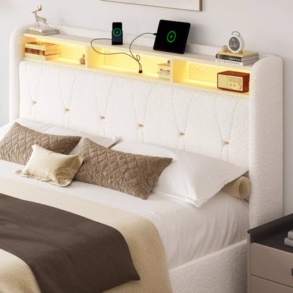 Covae Boucle Bed Frame with Storage Headboard,LED Lights,Charging ports and Underbed Drawers