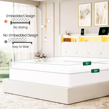 Covae Boucle Bed Frame with Storage Headboard,LED Lights,Charging ports and Underbed Drawers