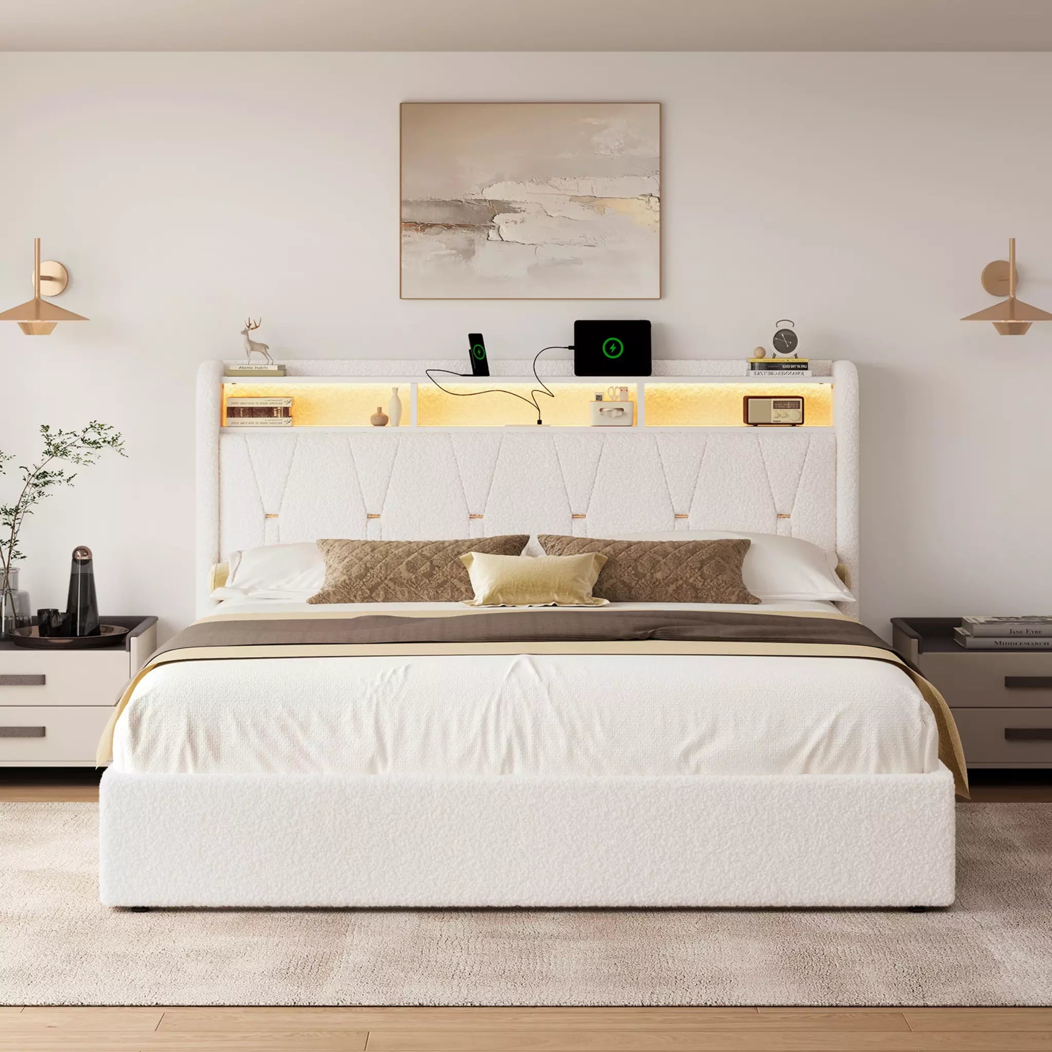 Covae Boucle Bed Frame with Storage Headboard,LED Lights,Charging ports and Underbed Drawers