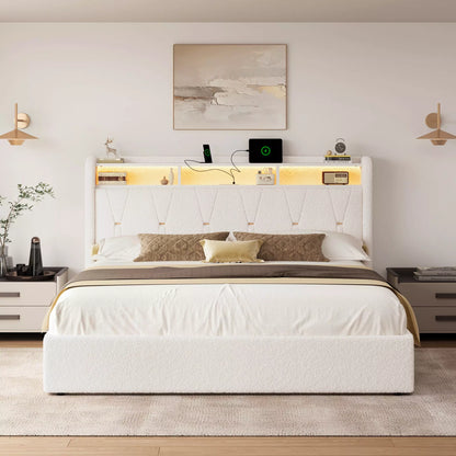 Covae Boucle Bed Frame with Storage Headboard,LED Lights,Charging ports and Underbed Drawers