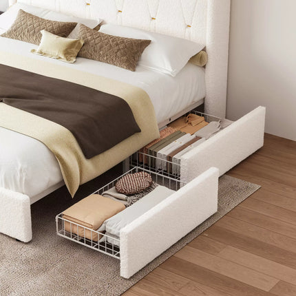Covae Boucle Bed Frame with Storage Headboard,LED Lights,Charging ports and Underbed Drawers