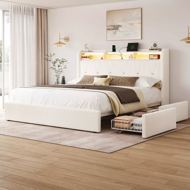 Covae Boucle Bed Frame with Storage Headboard,LED Lights,Charging ports and Underbed Drawers