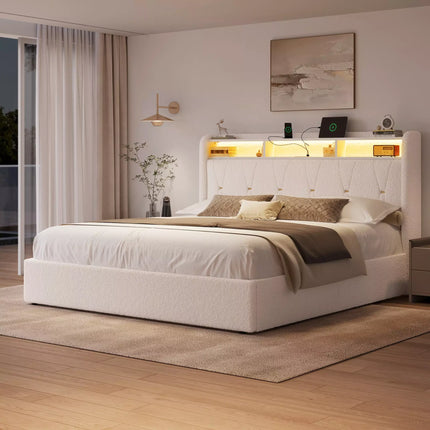 Covae Boucle Bed Frame with Storage Headboard,LED Lights,Charging ports and Underbed Drawers