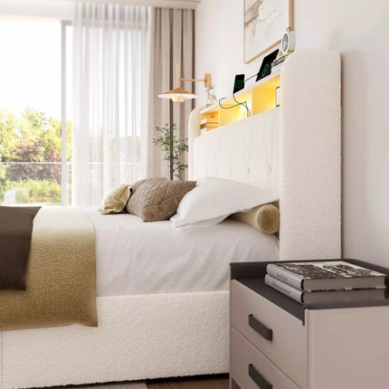 Covae Boucle Bed Frame with Storage Headboard,LED Lights,Charging ports and Underbed Drawers