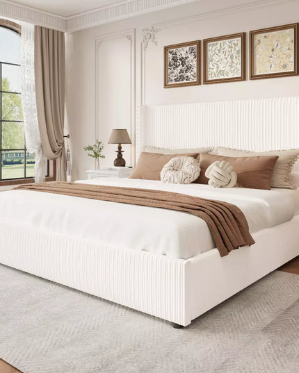 Elysia Corduroy Upholstered Platform Bed Frame,48" Nailhead Trim Wingback