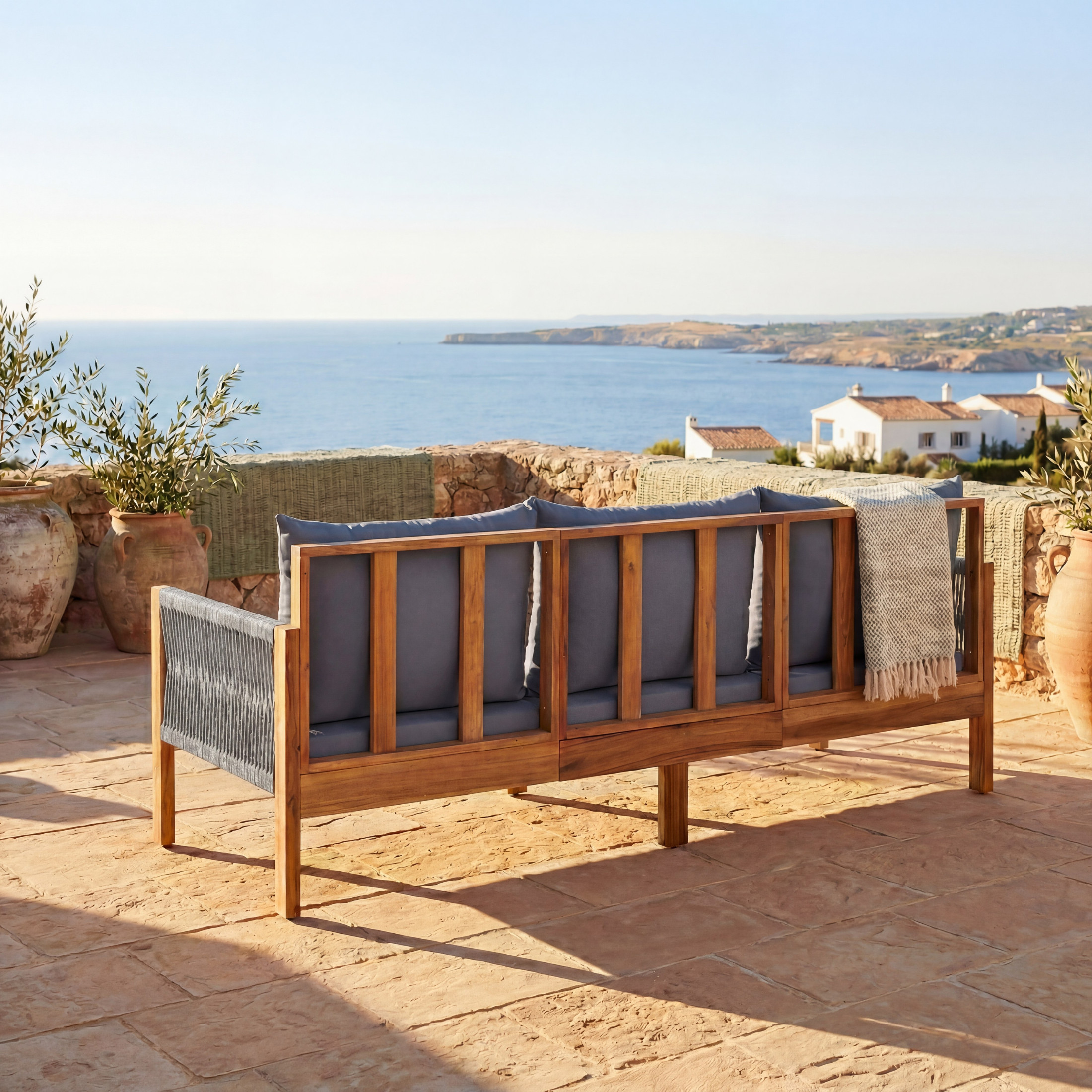 Luvia 3 Seat Acacia Wood Outdoor Sofa, 4 in 1 All-Weather Daybed