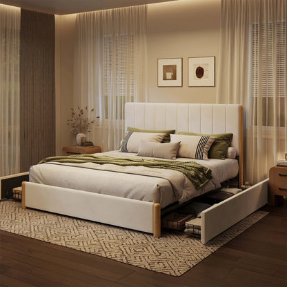 Mavlen Velvet Upholstered Platform Bed Frame with Storage