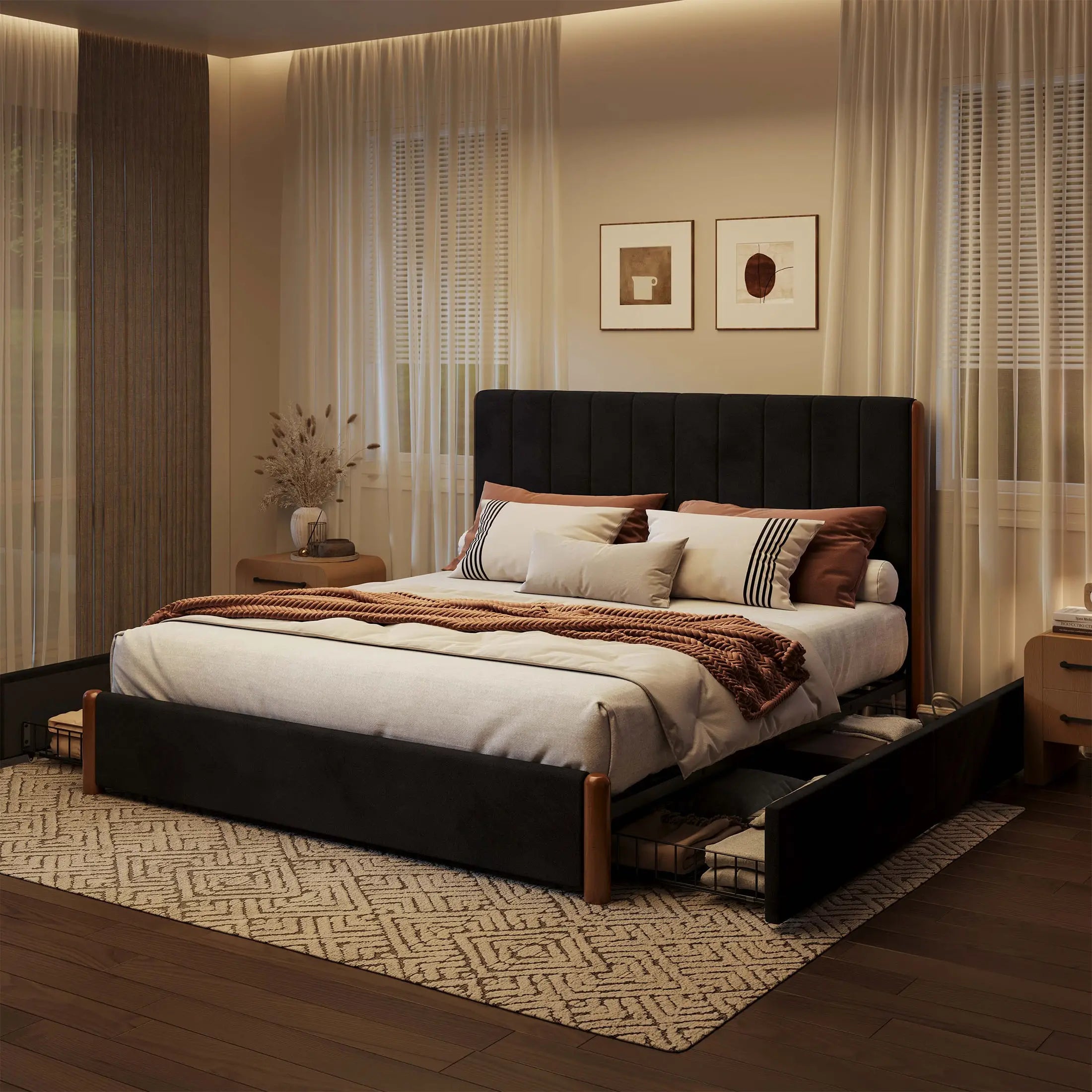 Mavlen Velvet Upholstered Platform Bed Frame with Storage