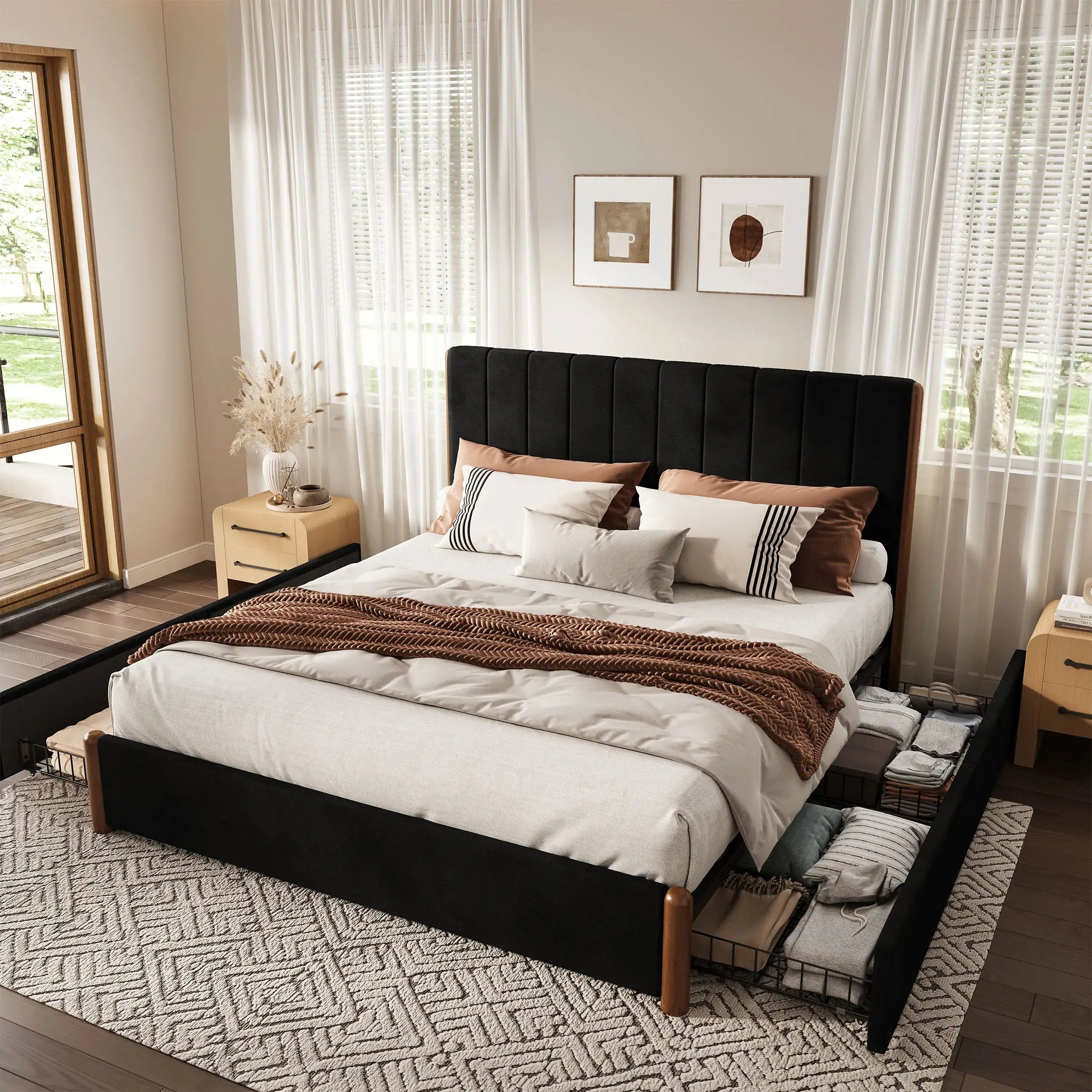 Mavlen Velvet Upholstered Platform Bed Frame with Storage