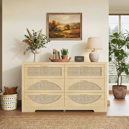 Arched Boho Rattan 6 Drawer Dressers Oak / Walnut
