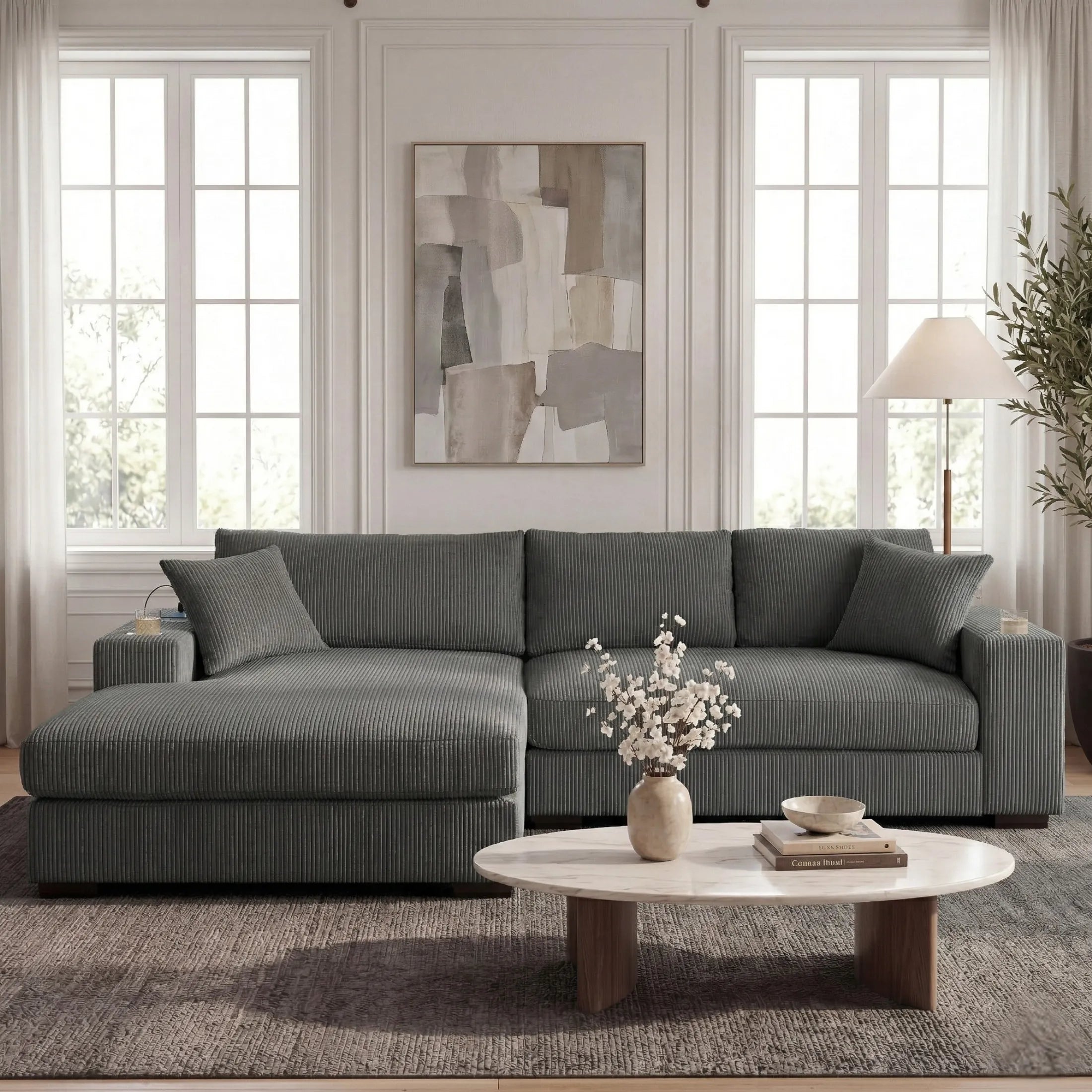 Kova 111" L-Shaped Chaise Longue Sofa  | USB-C Charging  |  Cup Holders